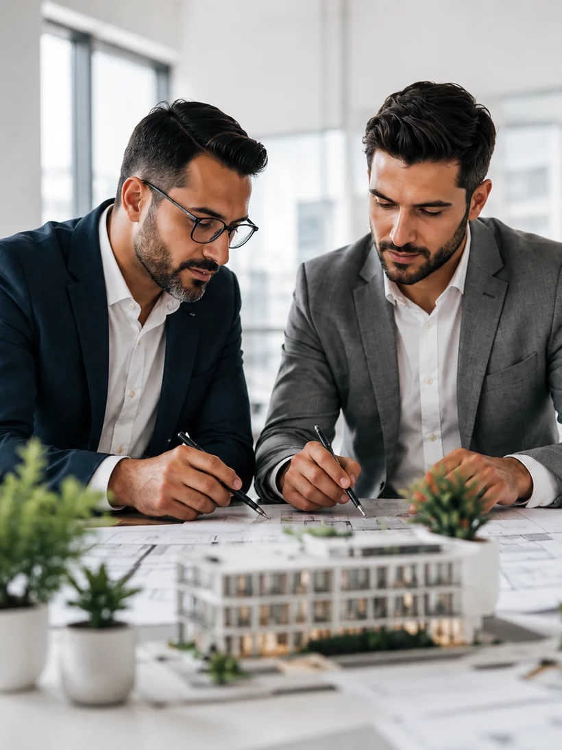 Two advisors reviewing a development model and plans