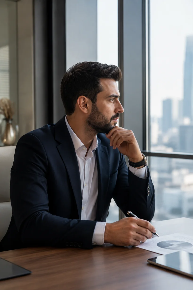 Investor reviewing performance reports in an office