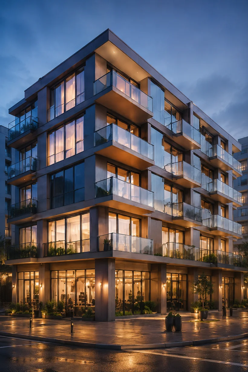 Modern residential building at dusk