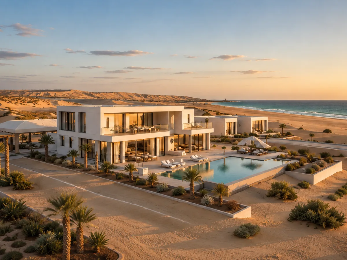 Luxury villa and pool overlooking the Dakhla coastline at sunset